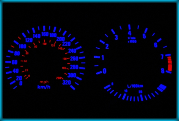 BMW E30 non-M3 82-94 EU 320KMH WHITE/BLUE EL Plasma Glow Gauges Speedo Cluster Dials