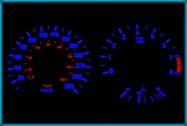 BMW E30 non-M3 82-94 EU 260KMH WHITE/BLUE EL Plasma Glow Gauges Speedo Cluster Dials